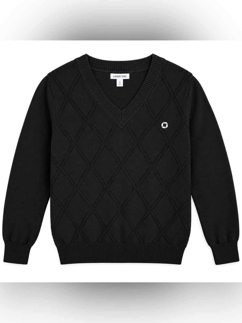 Lands' End Unisex Black Diamond‑Pattern V‑Neck Sweater
